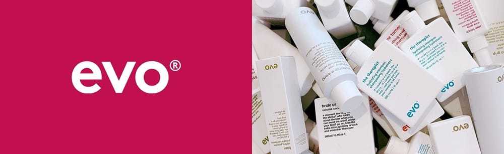 Evo logo and assorted hair product bottles with various labels.