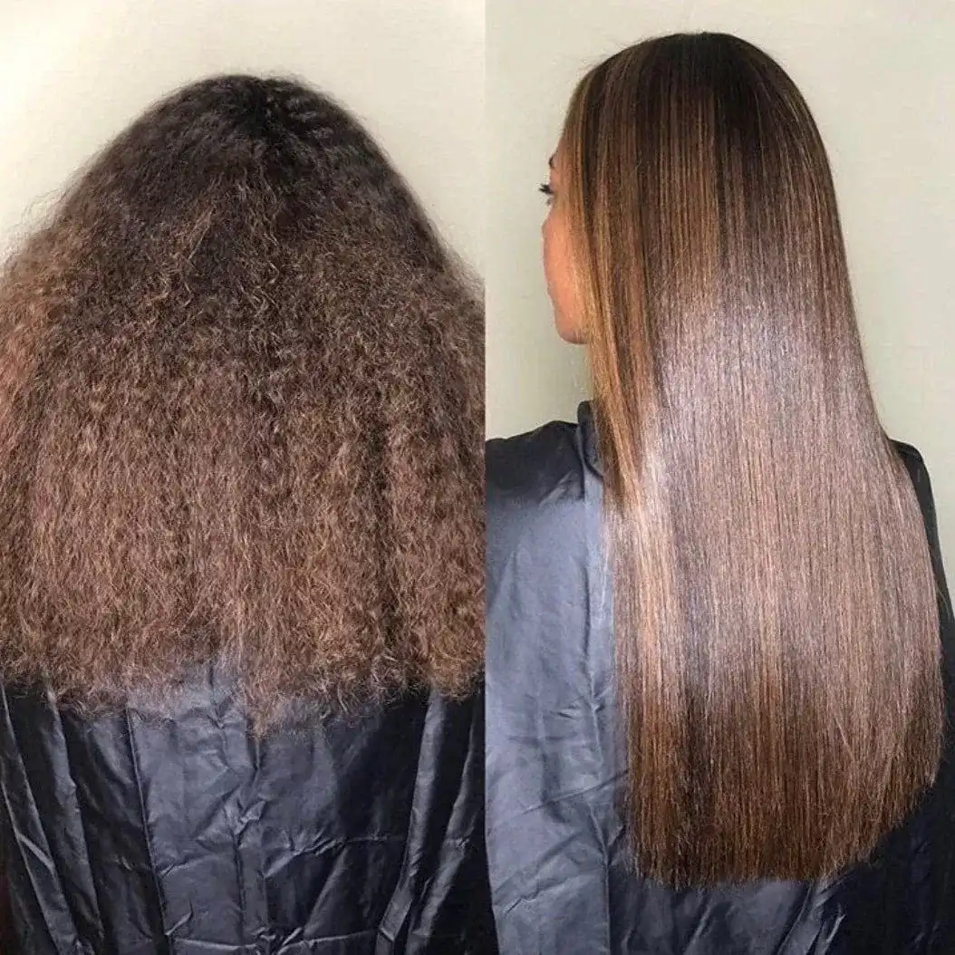 Frizzy hair before and after smoothing treatment, showing transformation to sleek, straight hair.